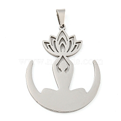 Non-Tarnish 304 Stainless Steel Pendants, Laser Cut, Lotus with Yoga Charm, Stainless Steel Color, 33x26x1.5mm, Hole: 6x3mm(STAS-Z076-12P)