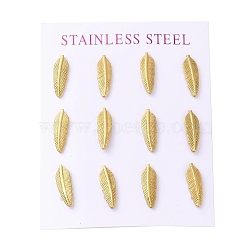 Ion Plating(IP) 304 Stainless Steel Feather Stud Earrings, with Rhinestone, Golden, 15.5x5.5mm(EJEW-C099-11G)