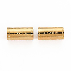 304 Stainless Steel Beads, Column with Word Love & Heart, Real 14K Gold Plated, 12x6mm, Hole: 1.8mm(STAS-S116-298G)