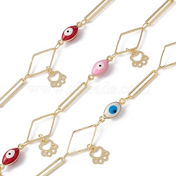 Enamel Horse Eye & Oval & Rhombus Link Chains, with Brass Paw Print Chamrs, Real 18K Gold Plated, Soldered, with Spools, Colorful, 15x2.5x0.7mm, 16x9x0.9mm, 13x5x4.3mm(CHC-C003-27G-03)