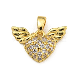 Rack Plating Brass Micro Pave Cubic Zirconia Pendants, Long-Lasting Plated, Wing with Heart, Real 18K Gold Plated, 11x17x3.5mm, Hole: 2X3.5mm(KK-U035-09G)