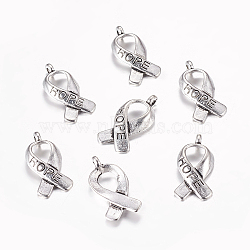 Breast Cancer Awareness Ribbon Carved Word Hope Tibetan Style Alloy Message Pendants, Cadmium Free & Lead Free, Antique Silver, 17x8x3mm, Hole: 2mm(TIBEP-TAG0001-02)
