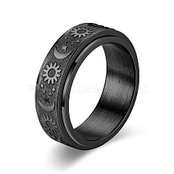 Star & Moon & Sun Stainless Steel Rotatable Finger Ring, Fidget Spinner Ring for Calming Worry Meditation, Black, Inner Diameter: 20.5mm(PW-WG61315-07)