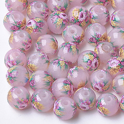 Printed & Spray Painted Imitation Jade Glass Beads, Round with Flower Pattern, Colorful, 8~8.5x7.5mm, Hole: 1.4mm(GLAA-S047-05A-04)