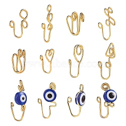 12Pcs 12 Style Evil Eye & Wire Wrap Brass Nose Rings, Nose Cuff Non Piercing, Clip on Nose Ring for Women Men, Golden, 14~23x5.5~13x7~11mm, Hole: 1.5mm, 1pc/style(KK-SZ0004-82)