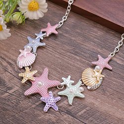 Summer Beach Alloy Colorful Enamel Starfish & Shell Bib Necklaces, Silver, 21.65 inch(55cm)(NJEW-B113-06)