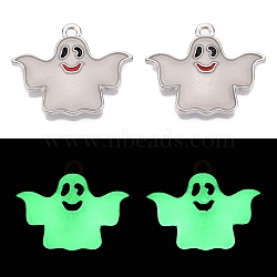 Halloween Theme Rack Plating Luminous Alloy Enamel Pendants, Glow in the Dark, Ghost Charm, Platinum, 19.5x23.5x2mm, Hole: 1.6mm(ENAM-N056-238P)