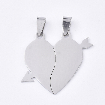 201 Stainless Steel Split Pendants, for Lovers, A Arrow Through Heart, Stainless Steel Color, 32.5x39x1mm, Hole: 8x4mm