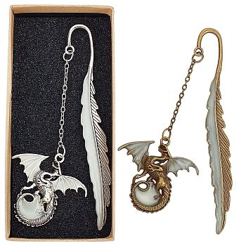 Gorgecraft 3Pcs 2 Style Pterosaur with Feather Luminous Zinc Alloy Bookmarks, Cardboard Jewelry Boxes, with Black Sponge, Mixed Color, Bookmarks: 1pc/color, 2color, 2pcs