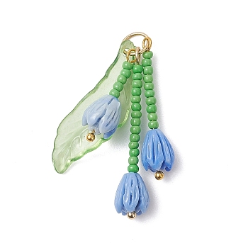Glass Seed Beaded Magnolia Flower Pendants, with Acrylic & Resin & 304 Stainless Steel Open Jump Rings, Cornflower Blue, 20~35.5x7mm, Hole: 5mm