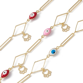 Enamel Horse Eye & Oval & Rhombus Link Chains, with Brass Paw Print Chamrs, Real 18K Gold Plated, Soldered, with Spools, Colorful, 15x2.5x0.7mm, 16x9x0.9mm, 13x5x4.3mm