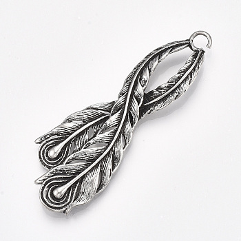 Tibetan Style Alloy Big Pendants, Peacock Feathers, Antique Silver, 68x24x4mm, Hole: 4mm