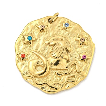 Real 18K Gold Plated Vacuum Plating 304 Stainless Steel Pendants, with Rhinestone and Jump Ring, Flat Round with Constellations Charms, Capricorn, 20~21.8x20~21x2~3mm, Hole: 2mm