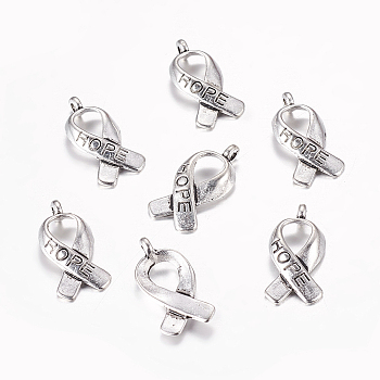 Breast Cancer Awareness Ribbon Carved Word Hope Tibetan Style Alloy Message Pendants, Cadmium Free & Lead Free, Antique Silver, 17x8x3mm, Hole: 2mm