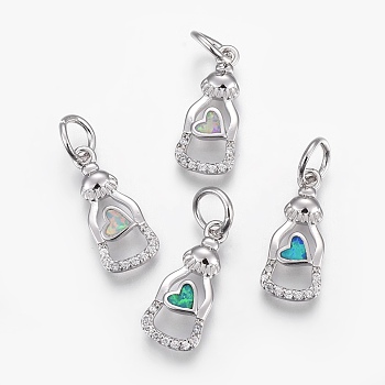 Brass Micro Pave Cubic Zirconia Pendants, with Synthetic Opal, Bottle, Platinum, Mixed Color, 22.5mm, Hole: 4.5mm