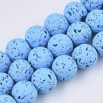 Spray Painted Natural Lava Rock Beads Strands, Round, Light Sky Blue, 8~9mm, Hole: 0.7mm, about 47~48pcs/Strand, 15.75 inch(40cm)