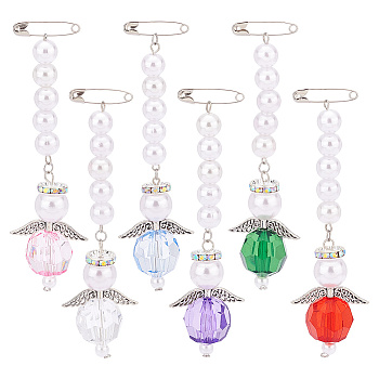 6Pcs 6 Color Angel Acrylic Imitated Pearl & Alloy Safety Pin Brooches, Iron Brooches for Women, Mixed Color, 110mm, 1Pc/color