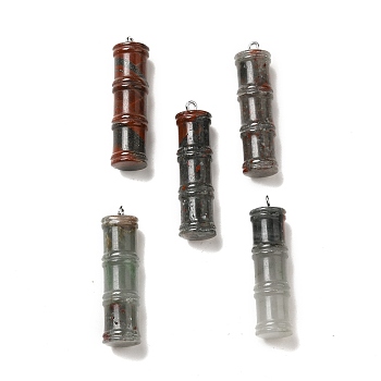 Natural African Bloodstone Pendants, Bamboo Stick Charms, with Stainless Steel Color Tone 304 Stainless Steel Loops, 45x12.5mm, Hole: 2mm