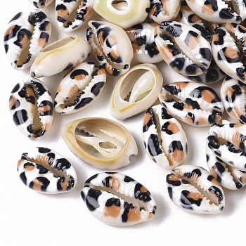 Printed Natural Cowrie Shell Beads, No Hole/Undrilled, with Leopard Print Pattern, Peru, 18~21x12~15x7mm