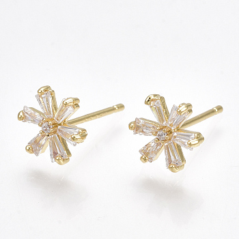 Brass Cubic Zirconia Stud Earrings, Flower, Clear, Real 18K Gold Plated, 9x8mm, Pin: 0.7mm