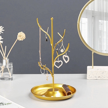 Iron Jewelry Display Stand with Tray, Tree Display Holder, for Rings, Earrings, Bracelets Storage, Golden, 14x24.8cm