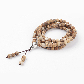 Dual-use Items, Four Loops Natural Picture Jasper Wrap Buddhist Bracelets or Beaded Necklaces, with Burlap Bags, Antique Silver, 27.9 inch(71cm)