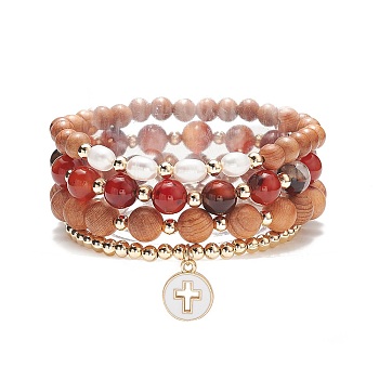 4Pcs 4 Style Natural Wood & Pearl & Agate Beaded Stretch Bracelets Set, Brass Cross Charms Stackable Bracelets for Women, Inner Diameter: 2-1/4~2-3/8 inch(5.6~5.9cm), 1Pc/style