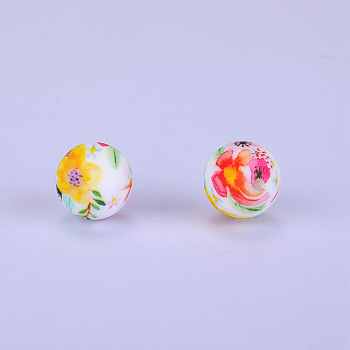 Printed Round with Flower Pattern Silicone Focal Beads, Yellow, 15x15mm, Hole: 2mm