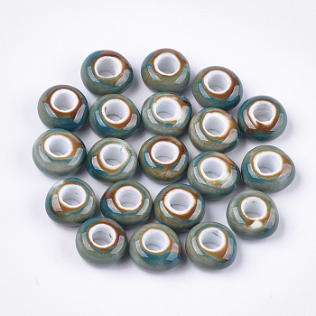 Handmade Porcelain Beads, Fancy Antique Glazed Porcelain, Large Hole Beads, Rondelle, Steel Blue, 15x8mm, Hole: 6mm