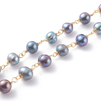 Handmade cultured Freshwater Pearl Beaded Chains, with Copper Wire, Soldered, Real 18K Gold Plated, 6~10x7~9x4~7mm, 39.37 inch(1m)/strand
