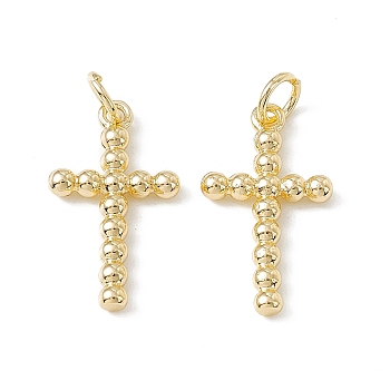Brass Pendants, Cadmium Free & Nickel Free & Lead Free, Religion Cross Charms, with Open Jump Rings, Real 18K Gold Plated, 20x11x2mm, Hole: 3mm, Ring: 5x0.9mm