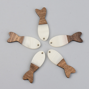 Opaque Resin & Walnut Wood Pendants, Fish, Floral White, 37.5x12x3mm, Hole: 2mm