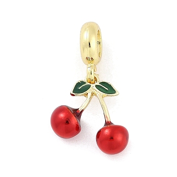 Brass Enamel Fruit European Dangle Charms, Large Hole Pendants, Real 18K Gold Plated, Cherry, 24.5mm, Hole: 5mm