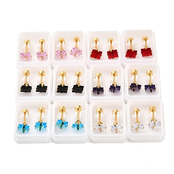 Square Glass Ear Fake Plugs, 304 Stainless Steel Piercing Stud Screw Earrings for Women, Golden, Clear, 6x6mm, Pin: 1mm