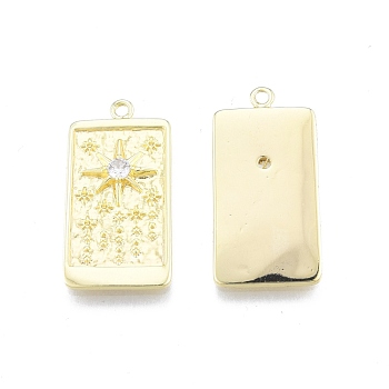 Brass Micro Pave Clear Cubic Zirconia Pendants, Rectangle with Star, Real 18K Gold Plated, 27.3x13.7x3mm, Hole: 1.5mm
