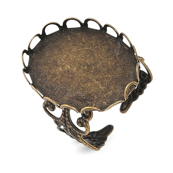 Oval Iron Open Cuff Ring Components, Filigree Pad Ring Settings, Antique Bronze, 20mm, Adjustable, Tray: 25x19mm