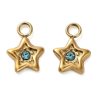 304 Stainless Steel Pendants, with Rhinestone, Golden, Star, 9.5x7.5x1.5mm, Hole: 1.8mm