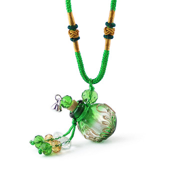 Lampwork Perfume Bottle Pendant Necklace with Glass Beads, Essential Oil Vial Jewelry for Women, Lime Green, 17.7~25.59 inch(45~65cm)