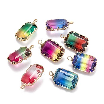 Two Tone Transparent Glass Pendants, with Golden Plated Brass Settings, Faceted, Rectangle, Mixed Color, 23x13.5x8.5mm, Hole: 2mm