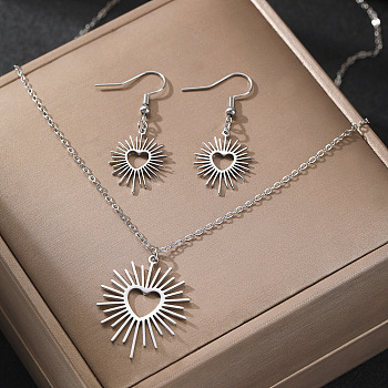 Heart Sun 304 Stainless Steel Pendant Necklaces & Dangle Earrings Sets, Stainless Steel Color, 450mm
