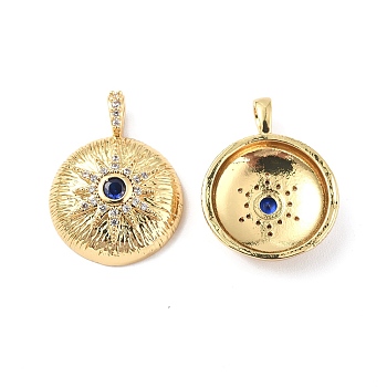 Brass Micro Pave Clear Cubic Zirconia Pendants, with Glass, Flat Round with Sun Charm, Real 18K Gold Plated, 21.5x16.5x5mm, Hole: 2.3x3.6mm