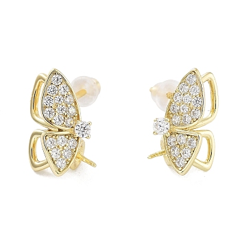 925 Sterling Silver with Cubic Zirconia Stud Earrings Findings, Butterfly, Real 18K Gold Plated, 13.5x6.5mm, Pin: 0.6x11mm and 0.6mm