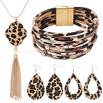 Leopard Print Teardrop Dangle Earrings & Multi-strand Bracelet & Tassel Pendant Necklace, Golden Alloy Jewelry for Women, Coffee, 32.60 inch(82.8cm), 7-1/2 inch(192mm), 80~81mm, Pin: 0.6mm(AJEW-AN0007-08)