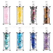 PANDAHALL ELITE 8Pcs 8 Style Alloy & Glass Wish Bottle Pendants, with Mixed Gemstone Chips, Platinum, Column, 35x13.5mm, Hole: 4mm, 1pc/style(G-PH0001-45)