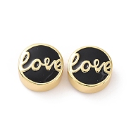 Brass Enamel Beads, Cadmium Free & Lead Free, Long-Lasting Plated, Real 18K Gold Plated, Flat Round with Word Love, Black, 12x5.5mm, Hole: 2.5mm(KK-C004-15G-01)