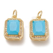 Brass Glass Charms, with Micro Pave Clear Cubic Zirconia and Jump Ring, Rectangle, Real 18K Gold Plated, Deep Sky Blue, 14.5x10.5x5mm, Hole: 3.4mm(ZIRC-F116-09D-G)