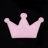 Glitter PU Patches, with Non Woven Fabric Back and Sponge Inside, Crown, Pearl Pink, 38x55~58x2.5mm(FIND-S282-01A)