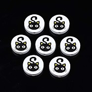 Halloween Printed Natural Wood Beads, Flat Round with Black Cat Pattern, Black, 19~20x5.9mm, Hole: 2~2.2mm(WOOD-T021-81)