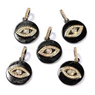 Brass Micro Pave Cubic Zirconia Pendants, with Tube Bails, Long-Lasting Plated, Cadmium Free & Lead Free & Nickel Free, Flat Round with Evil Eye, Clear, Gunmetal & Golden, 20x17x3mm, Hole: 4.5x2.5mm(KK-I673-40)