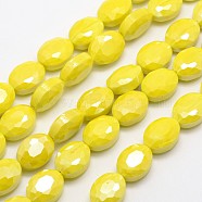 Electroplate Glass Beads Strands, Pearl Luster Plated, Faceted Oval, Yellow, 16x12x7mm, Hole: 1mm, about 20pcs/strand, 11.8 inch(EGLA-J107-E09)